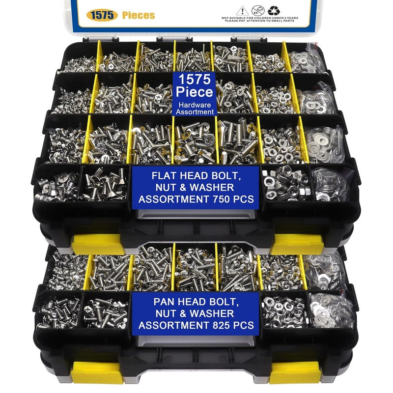 BUSY-CORNER 1575 PCS Nuts and Bolts Assortment Kit, Stainless Steel Phillips Pan Head & Flat Head Screws, Assorted Nuts Bolts Washers with Double Sided Organizer Box - Image 1